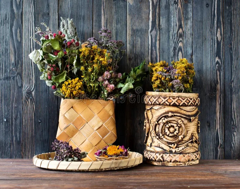 Берёза healing herbs flowers birch bark boxes wooden background herbal medicine healing herbs flowers birch bark 127954894 - Берёза